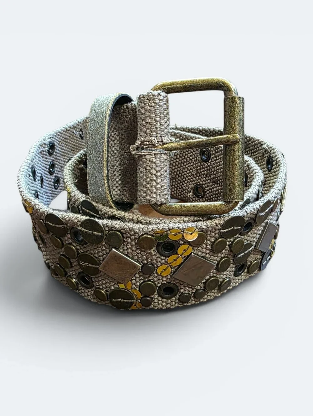 Boho Embellished Canvas Belt Taupe Brass Studded Sequin Size  S/M